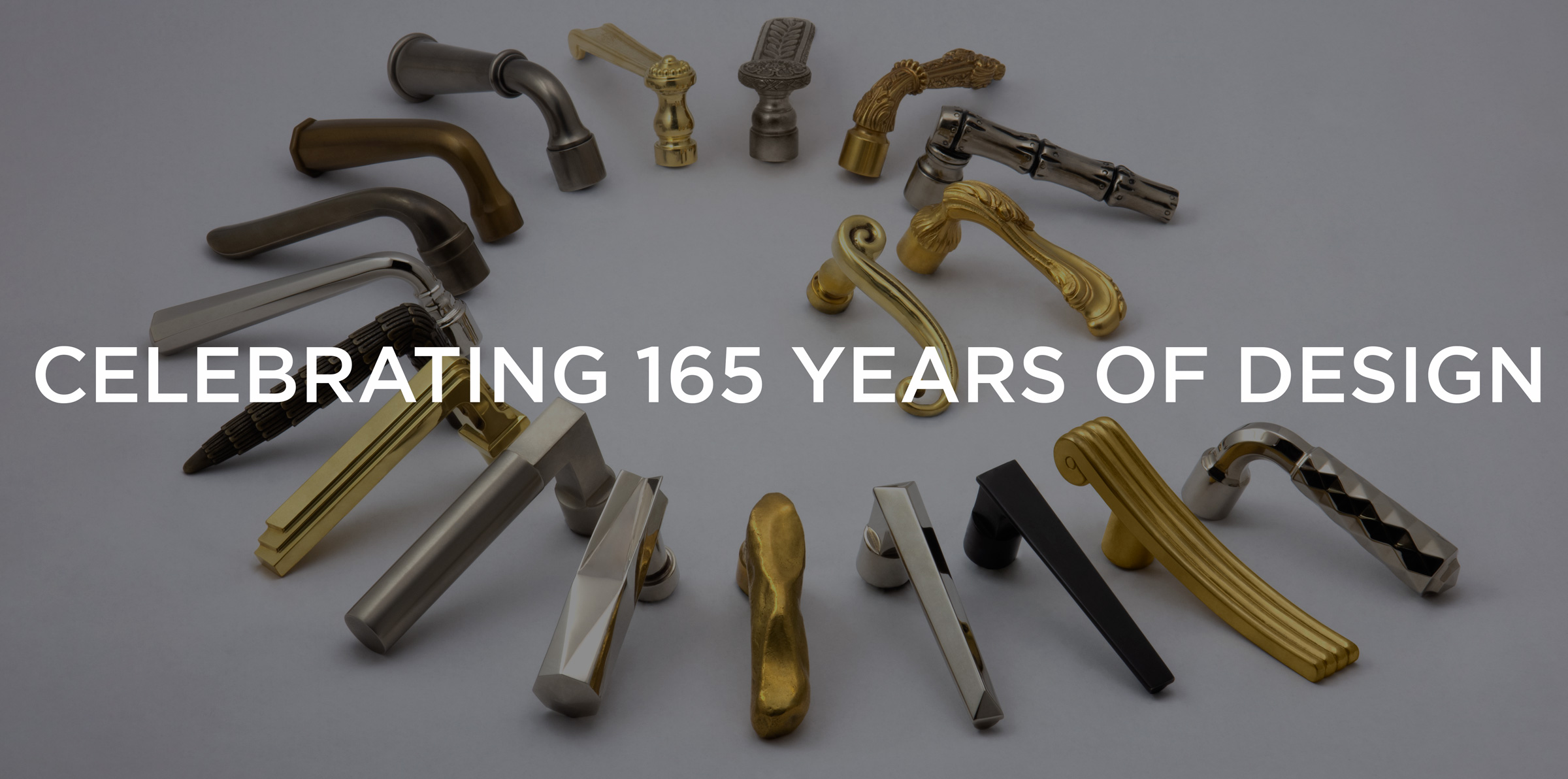 image reading 'Celebrating 165 Years of Design' with spiral of door levers in chronological order from Gothic through Modern